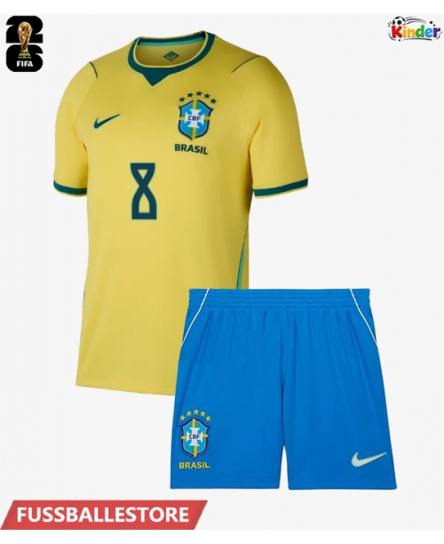 Günstige Brasilien Bruno Guimaraes #8 Heimtrikotsatz Kinder WM 2026 Kurzarm (+ Kurze Hosen)